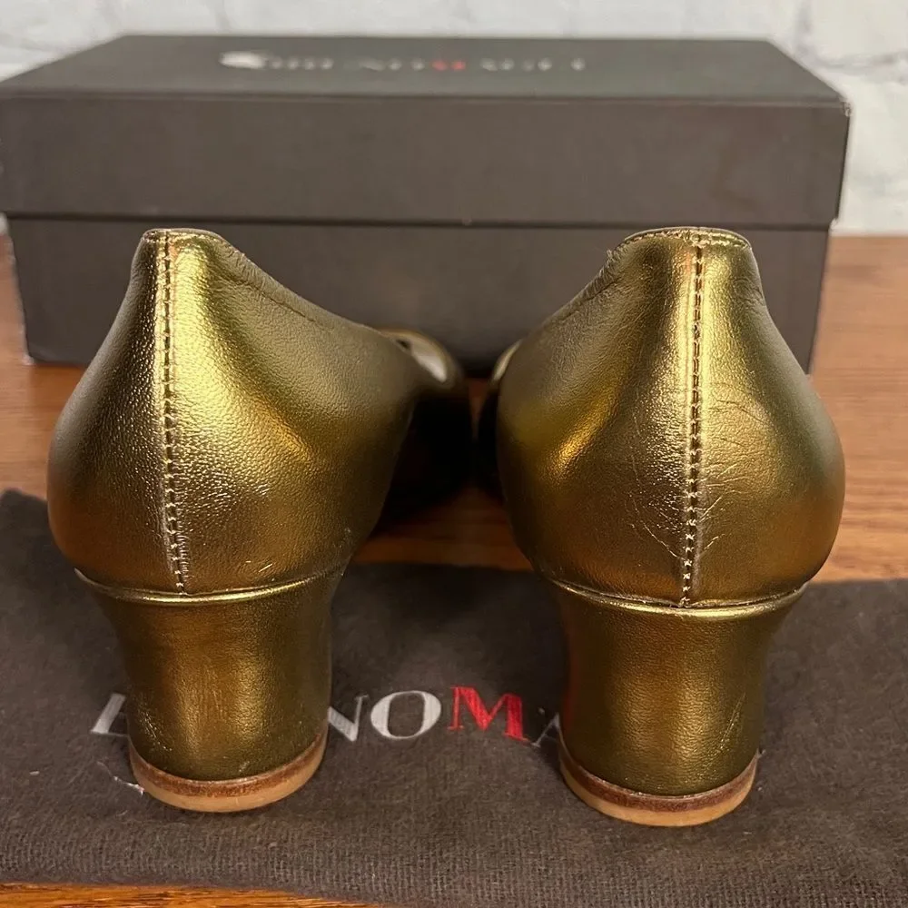 Bruno Magli Italian Nisako Carrera Gold open toe wedge heel New w/tags & box 7.5
